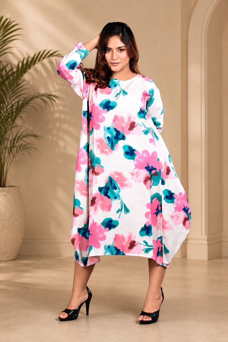 Floral Balloon Cocoon Midi Dress