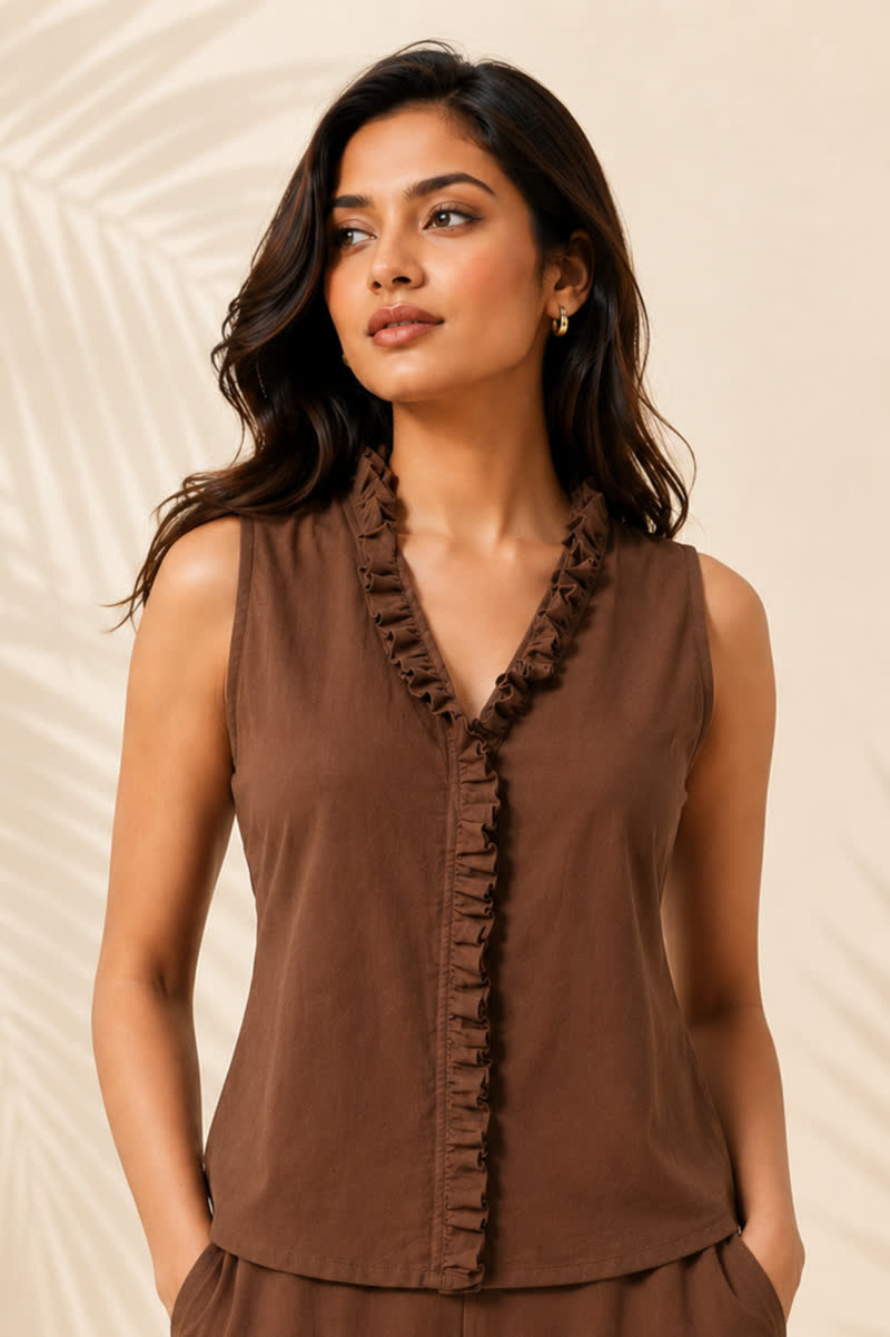Mocha Ruffle Panel Top